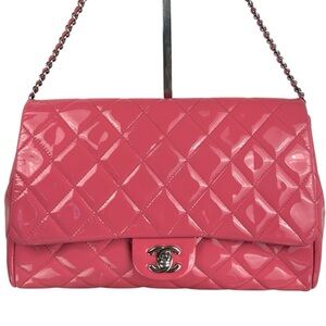 CHANEL Pink Quilted Patent Leather Flap Bag with Silver Hardware